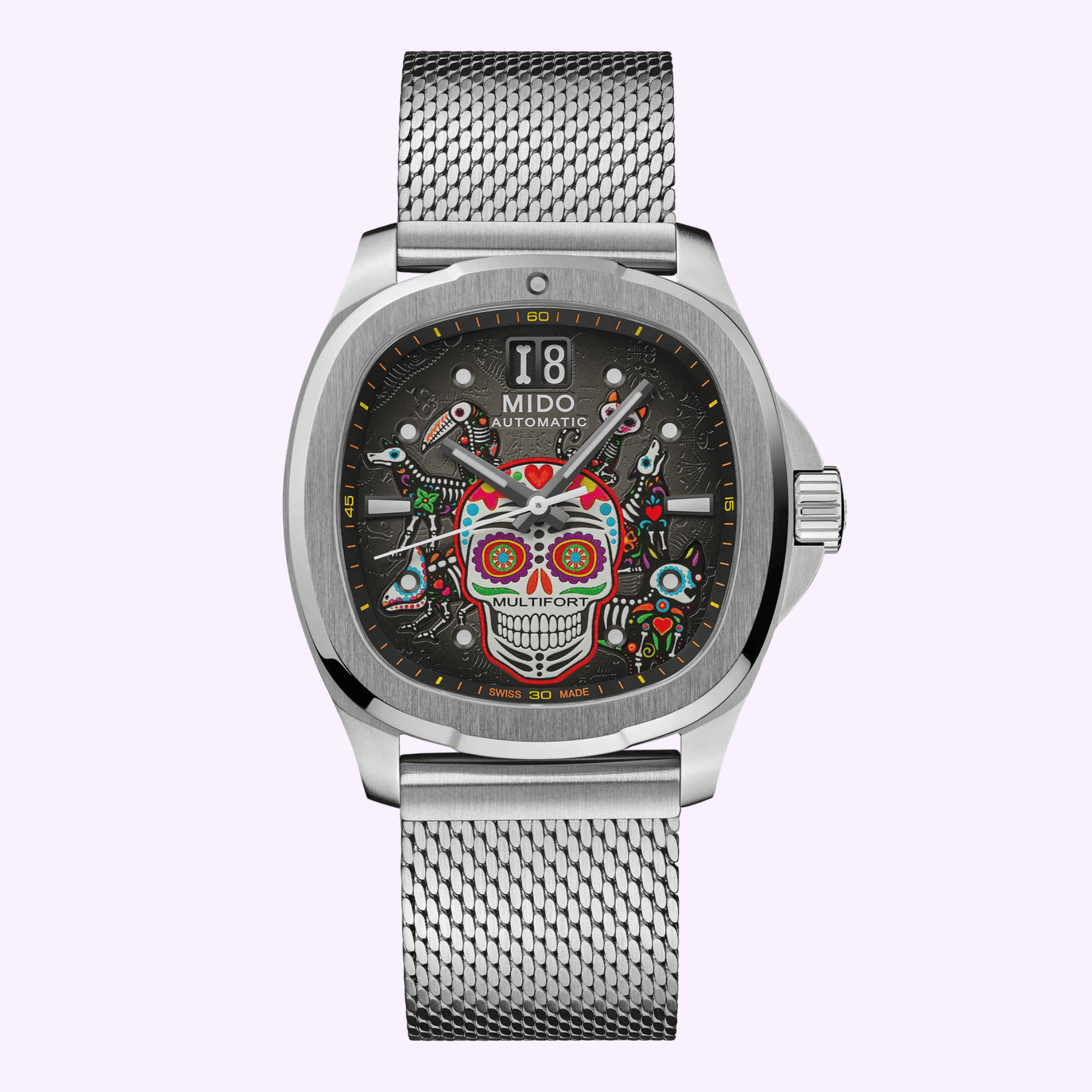 The Mido Watches Multifort TV Big Date Alebrijes M0495261108102 is a silver automatic watch with a mesh band and vibrant Day of the Dead sugar skull art on its black dial, powered by Caliber 80.