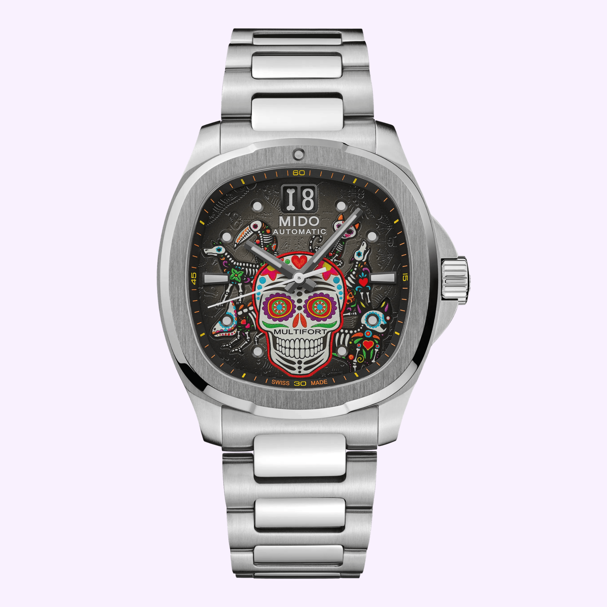 The Mido Watches Multifort TV Big Date Alebrijes M0495261108102 features a silver case, black dial with a vibrant sugar skull motif, floral accents, visible gears, and a stylish metal bracelet.