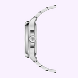 Side view of a silver-toned Mido Watches Multifort TV Big Date Chronometer M0495671104100 watch with a link bracelet and a winding crown on the right side.