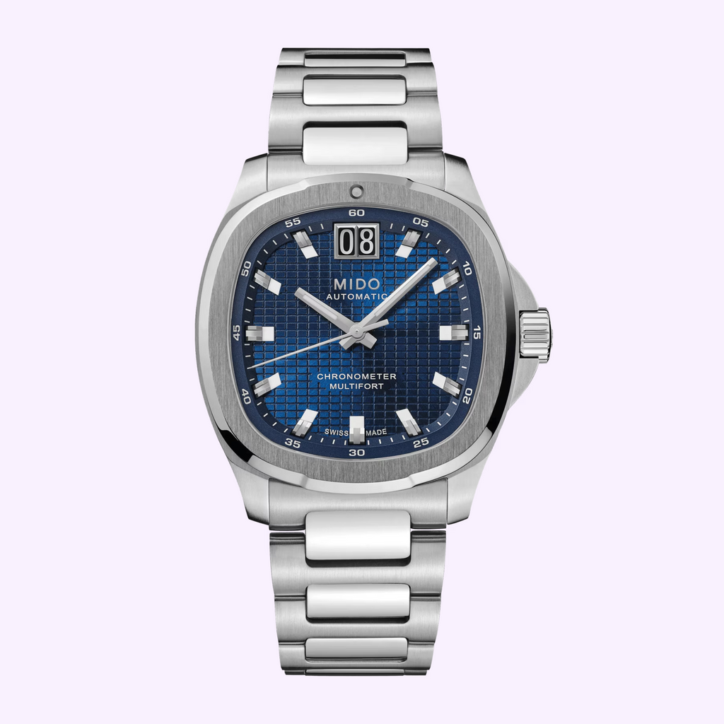 Mido Multifort TV Big Date Chronometer M049.567.11.041.00 with blue sunray checkerboard dial and steel bracelet, front view