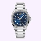 Mido Watches Multifort TV Big Date Chronometer M0495671104100 stainless steel watch with a square blue gradient grid-patterned dial, luminous indices, and a large double-digit date display at the top.