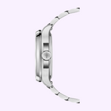 Side profile of a Mido Watches Multifort TV Big Date Chronometer M0495671105100 analog watch with a silver-tone metal link bracelet and a crown featuring the brand name.