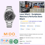 Mido Watches Multifort TV Big Date Chronometer M0495671105100 stainless steel wristwatch with a black square dial featuring a large date display, beside a store listing for Lexor Miami with location, hours, and contact information.
