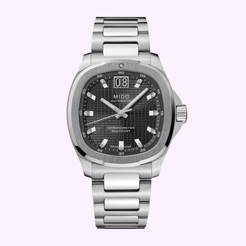 Mido Multifort TV Big Date Chronometer M049.567.11.051.00 with black sunray checkerboard dial and steel bracelet, front view