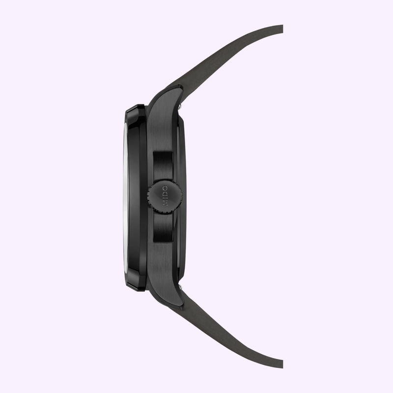 Side profile of the Mido Multifort TV Big Date showing the TV-shaped case thickness and screw-down crown