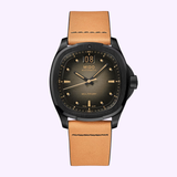 The Mido Watches Multifort TV Big Date M0495263608100 showcases Swiss precision and style with its black automatic movement, round dial highlighted by gold accents, large date display, and a tan leather strap set against a light purple background. This signature piece from Mido Watches features the distinctive Multifort TV Big Date design, catering to those who value refined craftsmanship.