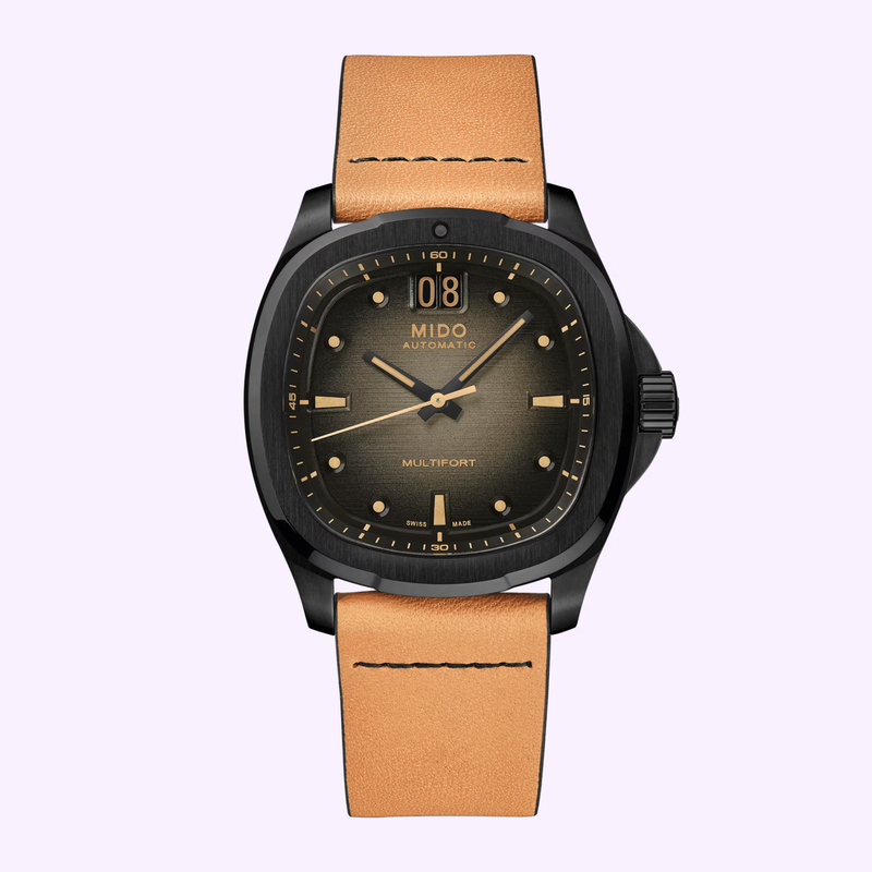 Mido Multifort TV Big Date M049.526.36.081.00 with TV-shaped black PVD case, gradient grey dial, and brown leather strap, front view