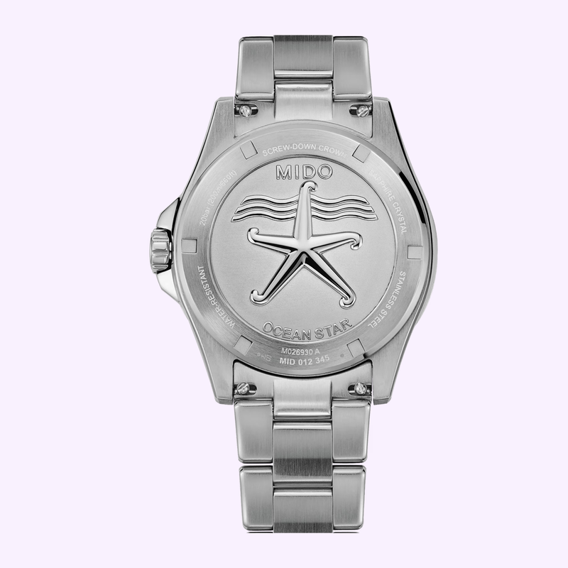 Mido Ocean Star 200 M0269301101100 engraved screw-down case back and stainless steel bracelet