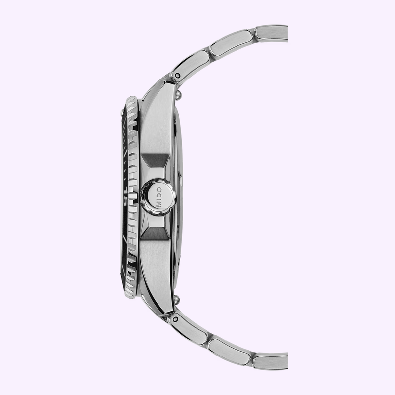 Mido Ocean Star 200 M0269301101100 side profile showing unidirectional dive bezel and screw-down crown