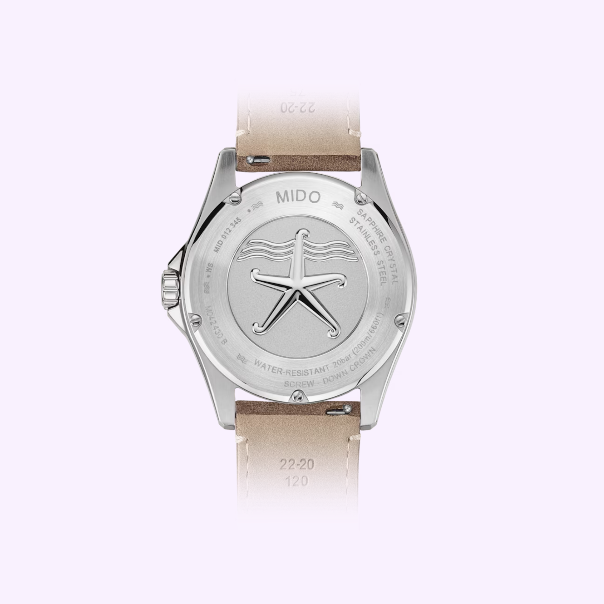 The back of the Mido Watches Ocean Star 200C M0424301605100 features a tan leather strap and silver case with starfish engraving and technical details, embodying Mido Watches' diving watch expertise.