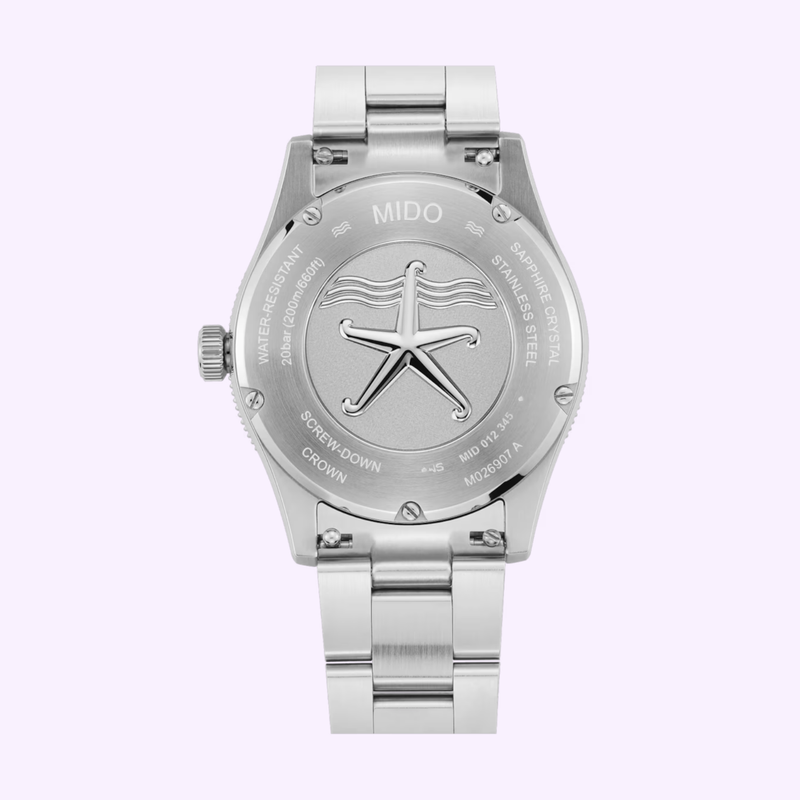 Back view of the MIDO Ocean Star 39 M0269071104101 showing the engraved starfish caseback and stainless steel bracelet