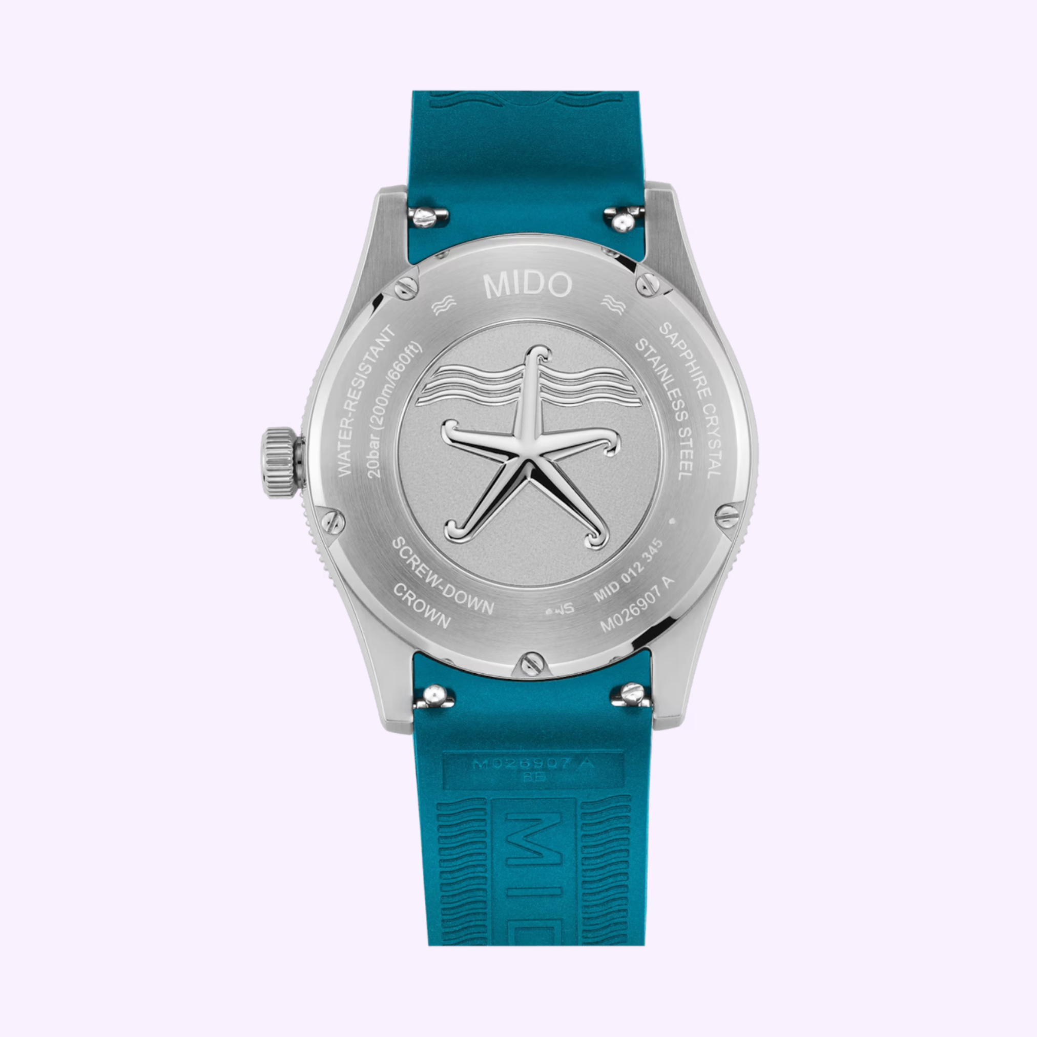 The Mido Watches Ocean Star 39 M0269071104101 features an engraved starfish on its caseback, showcasing water resistance, stainless steel, sapphire crystal, screw-down crown, and a stylish blue strap.