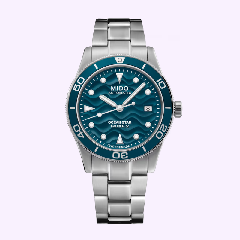 Mido Ocean Star 39 M0269071104101 blue dial automatic dive watch with date window and stainless steel bracelet
