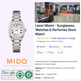 A Mido Watches silver wristwatch, like the Mido Watches Multifort TV 28 Quartz M0491101126300, is available at Lexor Miami—an authorized boutique known for sunglasses, perfumes, and luxury stainless steel watches. Visit their storefront for store information, contact details, customer ratings, and official authenticity badges.