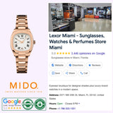 A rose gold Mido Watches Multifort TV 28 Quartz M0491103326300, from the renowned brand Mido Watches, is featured prominently in the Lexor Miami Google listing, which boasts a 5-star rating. The listing displays a photo of the store interior along with essential store information such as address, hours, and phone number. Both the MIDO logo and Google review badges are clearly visible.