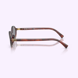 A side view of Miu Miu 0MU 04ZS 21C40O50 Sunglasses by Miu Miu Sunglasses (UPC: 8056262398050) in brown tortoiseshell features gold detailing on the temple and the signature logo near the hinge, showcased against a light background—an eye-catching display of luxury designer eyewear.