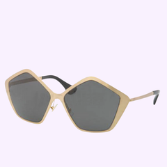 Miu Miu 0MU 53N JAZ1A1 58 Women Sunglasses feature gold frames, bold pentagon-shaped dark lenses, and black earpieces—perfect for a chic Miami look. Presented against a light purple background.