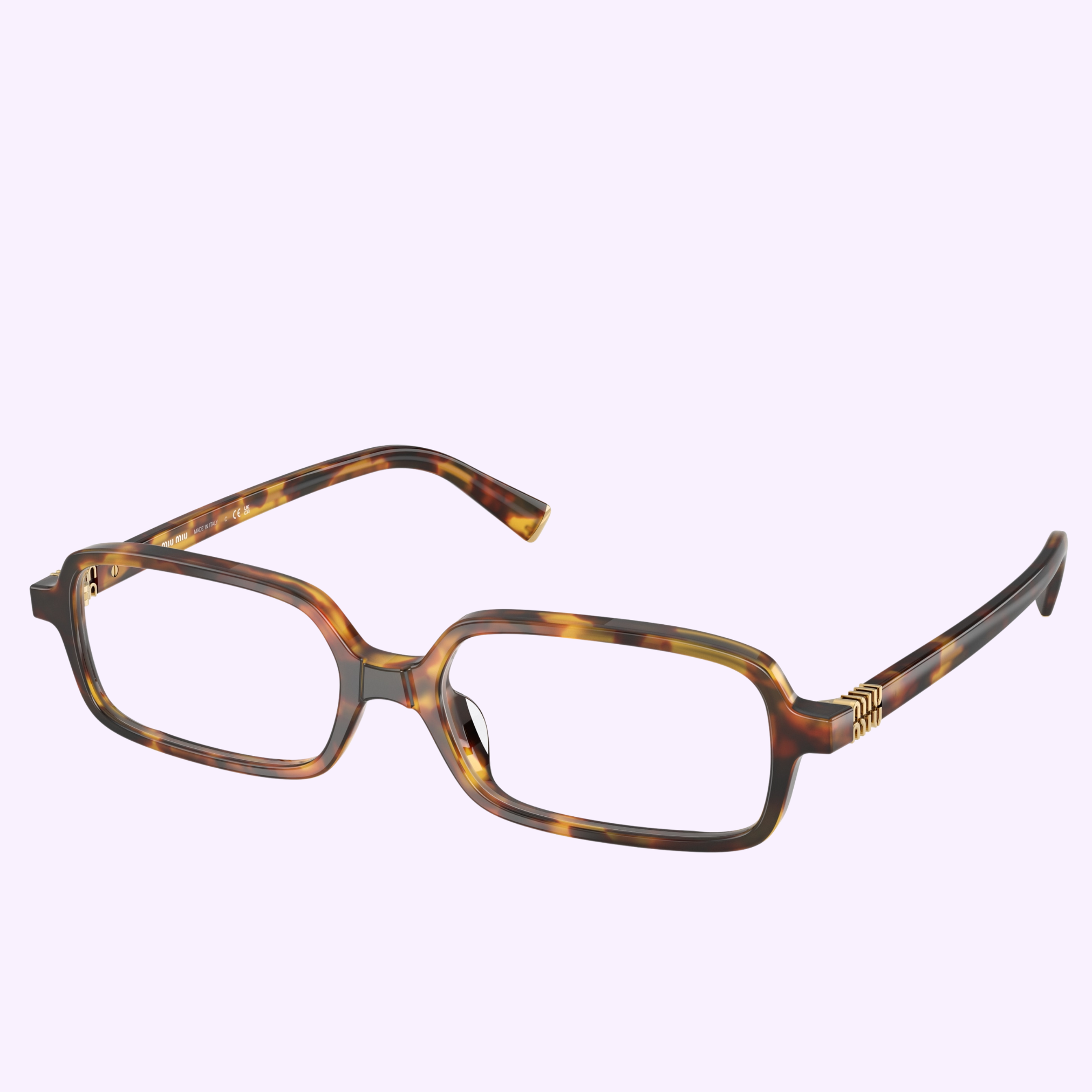 Miu Miu Optical Frames 0MU 01YV 14L1O153 feature a rectangular tortoiseshell design with bold gold-accented temples, displayed on a light purple background. Brand: Miu Miu Sunglasses.