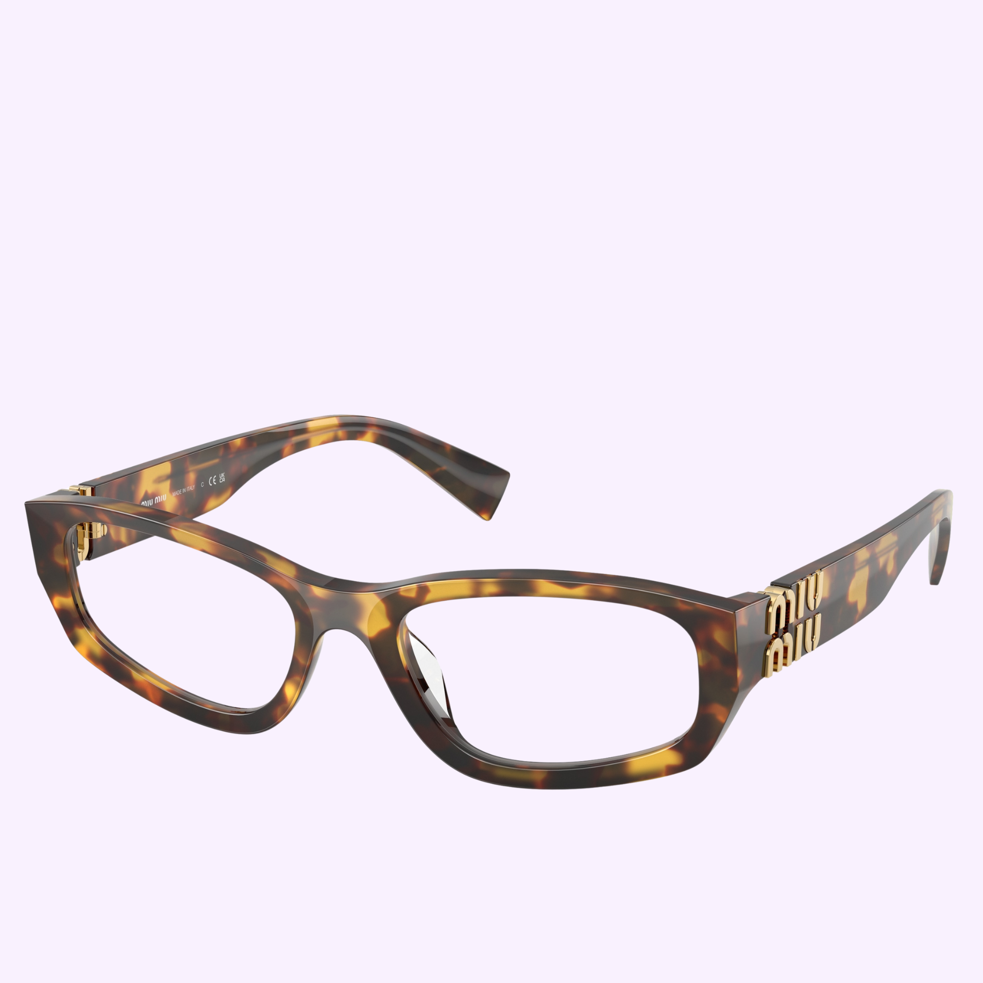 The Miu Miu Optical Frames 0MU 04YV 12W1O152 by Miu Miu Sunglasses feature tortoiseshell rectangular thick frames with gold accents on the arms, displayed on a light pink background.