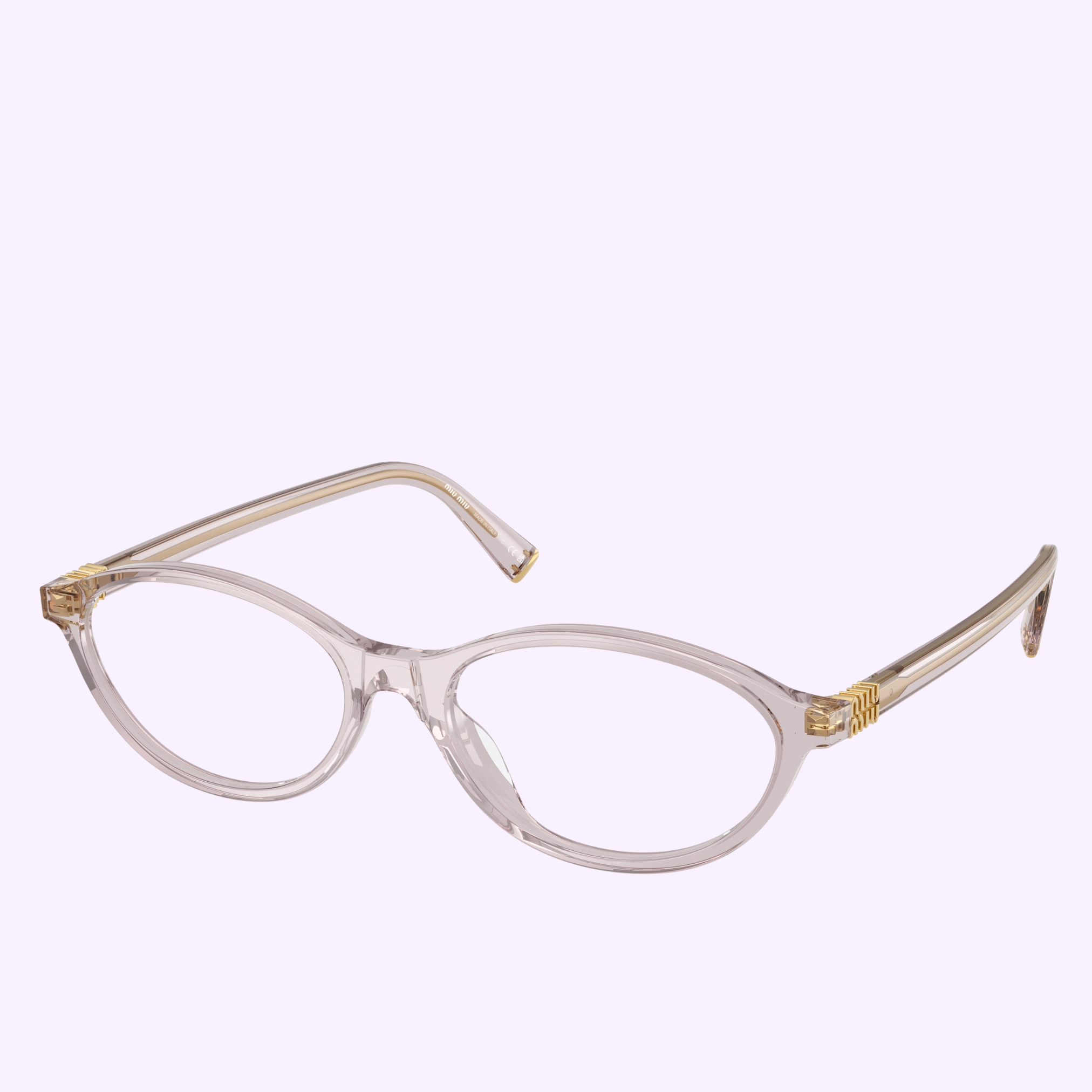 Displayed on a light purple background, the Miu Miu Optical Frames 0MU 09XV 12W1O153 feature clear oval lenses, transparent frames, slightly curved arms, and gold hinge accents from Miu Miu Sunglasses.