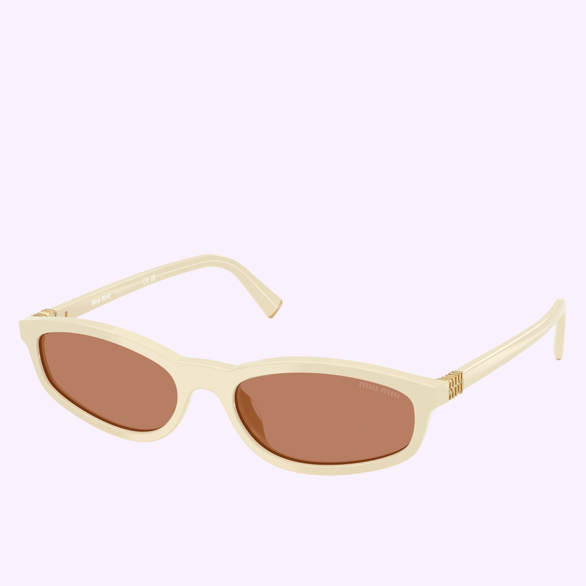 Miu Miu Sunglasses 0MU A06S 21D90Q54 feature beige oval frames, brown tinted lenses, and a thick design for women’s designer style, displayed on a light purple background.