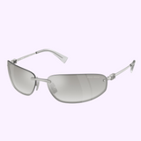 Miu Miu Sunglasses 0MU A50S 1BC8H168 for women feature silver rectangular frames, thin metal arms, and mirrored lenses. The brand name is etched on the upper right lens. Displayed on a light purple background.