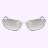 The Miu Miu Sunglasses 0MU A50S 1BC8H168 for women, with their silver rimless rectangular and subtly curved lenses, feature delicate metallic arms and are displayed against a plain light purple background. Perfect for channeling Miami style, these sunglasses showcase the discreet Miu Miu logo on the upper right lens.
