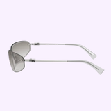 Side view of Miu Miu Sunglasses 0MU A50S 1BC8H168 for women, featuring silver metal frames with gradient gray lenses, straight thin arms, and curved earpieces, displayed on a light purple background—a chic accessory by Miu Miu perfect for your next Miami getaway.