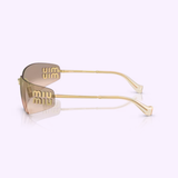 These authentic Miu Miu Sunglasses 0MU A51S 5AK20P75 for women feature gold frames with tinted brown gradient lenses, slim gold side arms, and the MIU MIU logo prominently displayed in bold, metallic letters on both the lens and arms.