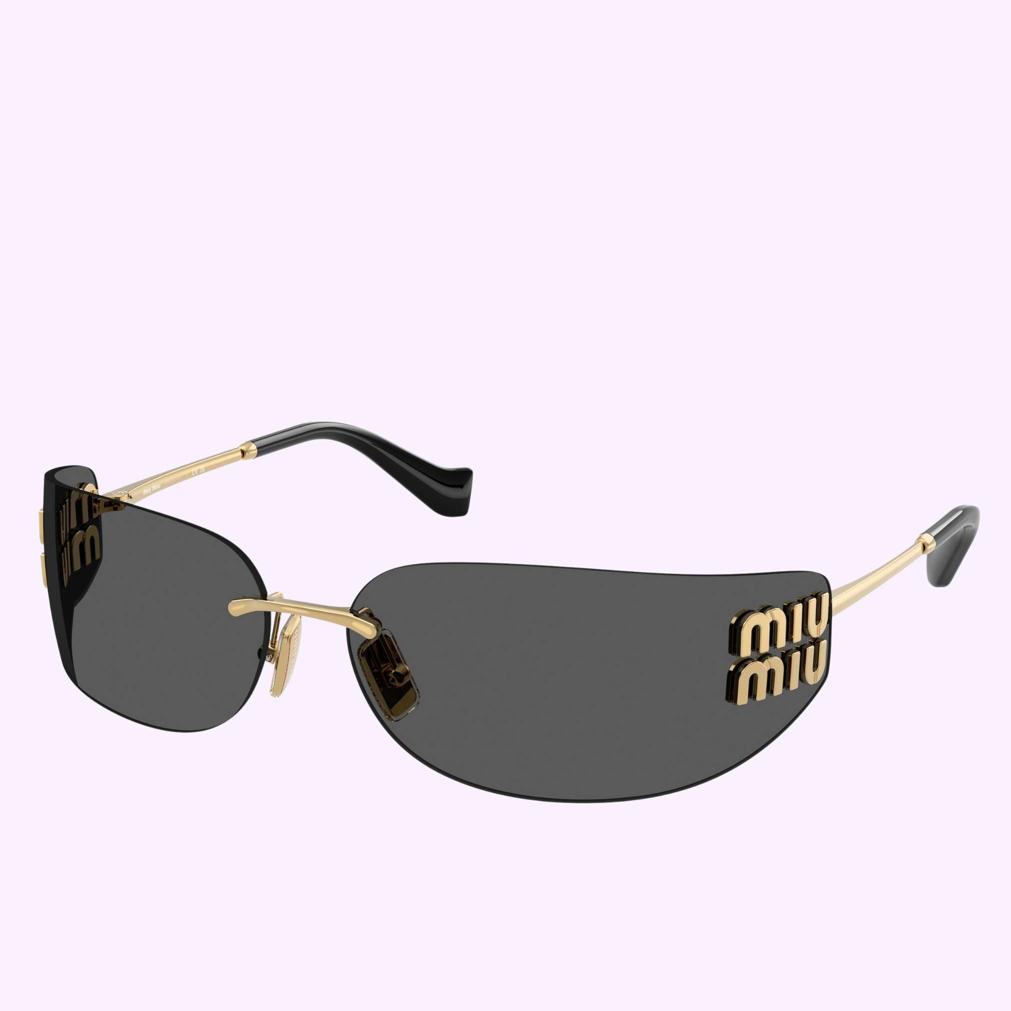 Miu Miu Sunglasses 0MU A51S 5AK5S075 feature gold rims, dark tinted lenses, and black earpieces, with the brand name in gold on the corners. These women's designer sunglasses stand out against a light purple background.