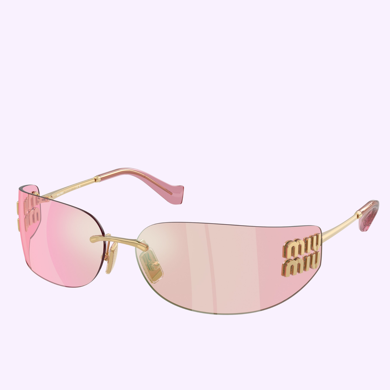 Miu Miu MU A51S 5AK90Y75 sunglasses, gold rimless rectangle frame with gradient Pink Infrared lenses, angle view