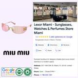 Discover the Miu Miu Sunglasses 0MU A51S 5AK90Y75—a chic addition to the latest designer eyewear collection—featured in an ad with stylish women’s sunglasses, boutique images from Lexor Miami, pink frames, the iconic Miu Miu logo, customer ratings, and contact details for the store.