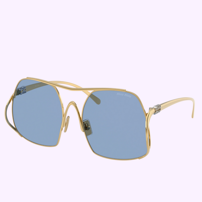 Miu Miu MU A55S 5AK30U57 sunglasses, gold-tone square metal frame with light blue lenses and double bridge, angle view