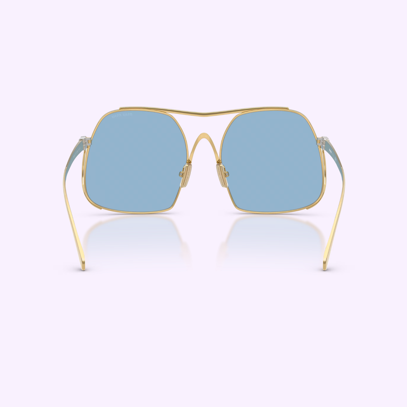 Miu Miu MU A55S 5AK30U57 shown with temples extended, resting flat, gold frame and light blue lenses