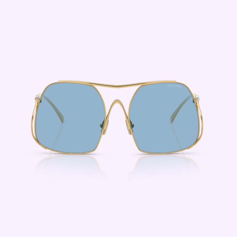 Front view of the Miu Miu MU A55S 5AK30U57 showing the gold aviator-style frame and light blue lenses
