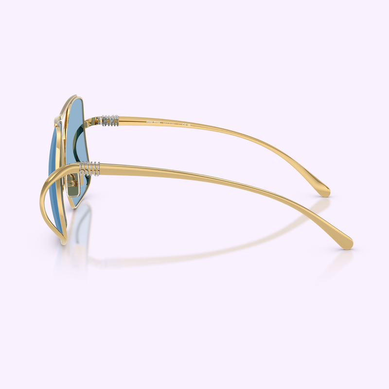 Side profile of the Miu Miu MU A55S 5AK30U57 showing the thin curved gold temple