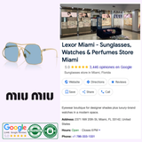 Experience style and sophistication with the Miu Miu Sunglasses 0MU A55S 5AK30U57 ad, featuring a captivating product image, comprehensive store information, address, hours, phone number, and an impressive 5-star Google rating. Highlighted with green authenticity and review badges for unmatched confidence in your designer sunglasses purchase. Embrace the elegance of Miu Miu Sunglasses today.