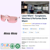 Rimless Miu Miu Sunglasses 0MU B53S 1BC70Y44 with pink lenses and silver temples, displayed next to store information for an authentic designer eyewear boutique in Miami.