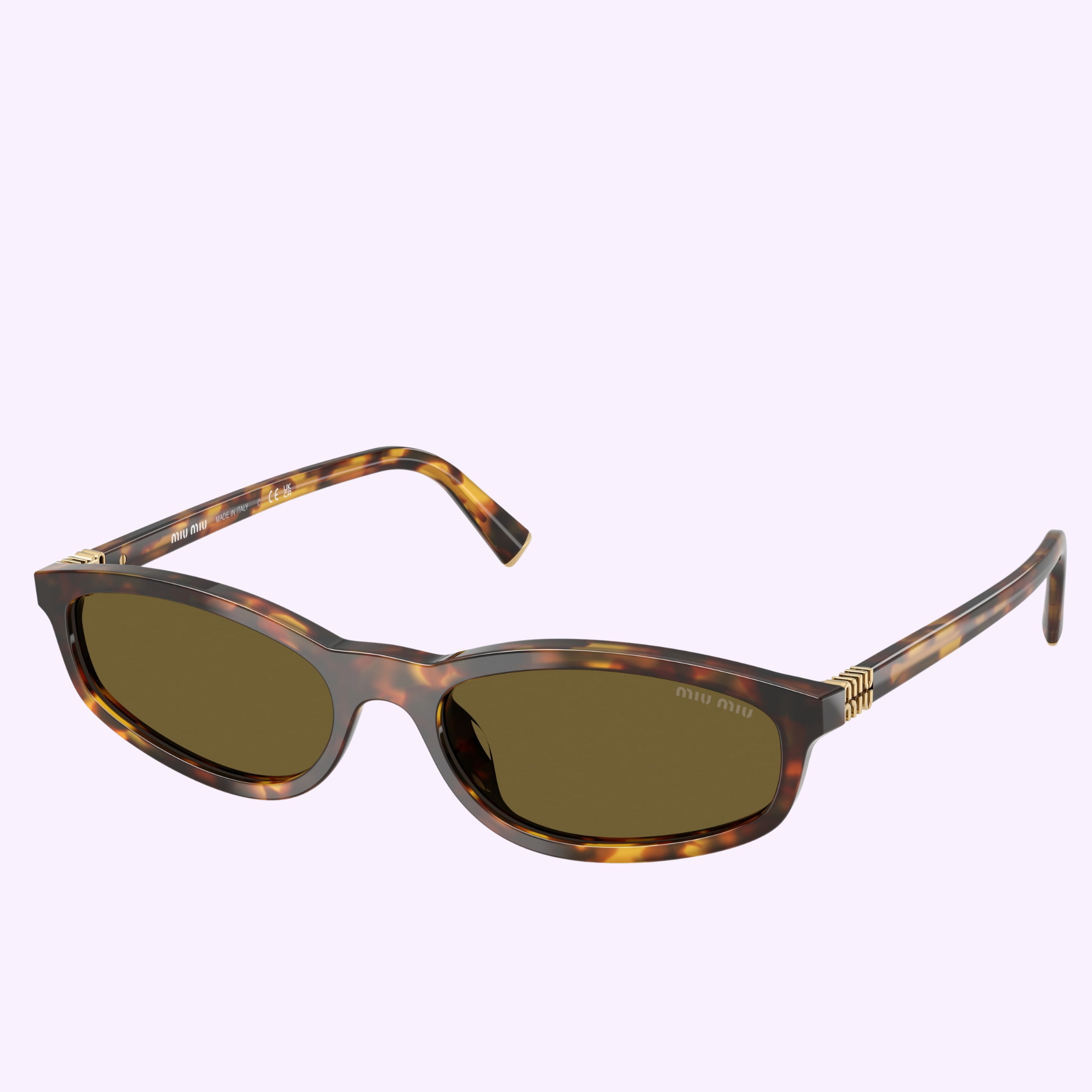 Miu Miu Sunglasses 0MU A06S 14L09Z54 feature tortoiseshell oval frames, dark green lenses, and gold-accented arms, shown on a light purple background for a modern, fashion-forward look.