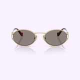 Genuine Miu Miu sunglasses 0MU 52YS ZVN80Q54 by Miu Miu Sunglasses, showcasing oval dark lenses set in slim gold frames, displayed on a soft pastel background. The gently curved temples finish with darker tips, emphasizing the distinctive style of Miu Miu.