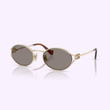 Miu Miu sunglasses 0MU 52YS ZVN80Q54 by Miu Miu Sunglasses feature a sleek gold metal oval frame, dark lenses, brown temple tips, and decorative accents on the arms, all presented on a light background for an authentic designer look.