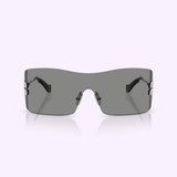 Miu Miu sunglasses 0MU B53S 1BC81A44 by Miu Miu Sunglasses, featuring rectangular rimless frames with dark gray lenses and sleek black temples, displayed against a light purple background.