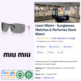 Explore genuine Miu Miu Sunglasses, including the chic 0MU B53S 1BC81A44 model, showcasing the iconic Miu Miu logo. Visit Lexor Miami on Google to find store details, reviews, hours, contact information, and authenticity badges for your complete confidence.