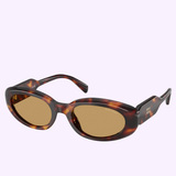 Miu Miu sunglasses 0MU C01S 27L10Y53 by Miu Miu Sunglasses feature thick brown oval tortoiseshell frames and brown lenses, finished with the signature logo on the temples, set against a pale light purple background.