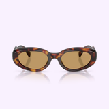 Miu Miu sunglasses 0MU C01S 27L10Y53 by Miu Miu Sunglasses, showcasing tortoiseshell oval frames with brown lenses, are displayed facing forward against a plain light background.
