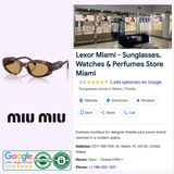 Explore genuine Miu Miu Sunglasses, featuring the chic 0MU C01S 27L10Y53 model, at Lexor Miami. Access detailed store information with customer reviews, address, operating hours, and browse images showcasing the interior and a curated range of luxury eyewear brands.