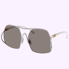The Miu Miu 0MU A55S 1BC80Q57 Sunglasses (UPC: 8056262528891) feature oversized silver square frames, dark gray lenses, a double bridge, and gold temple accents—designer eyewear by Miu Miu Sunglasses on a light background.