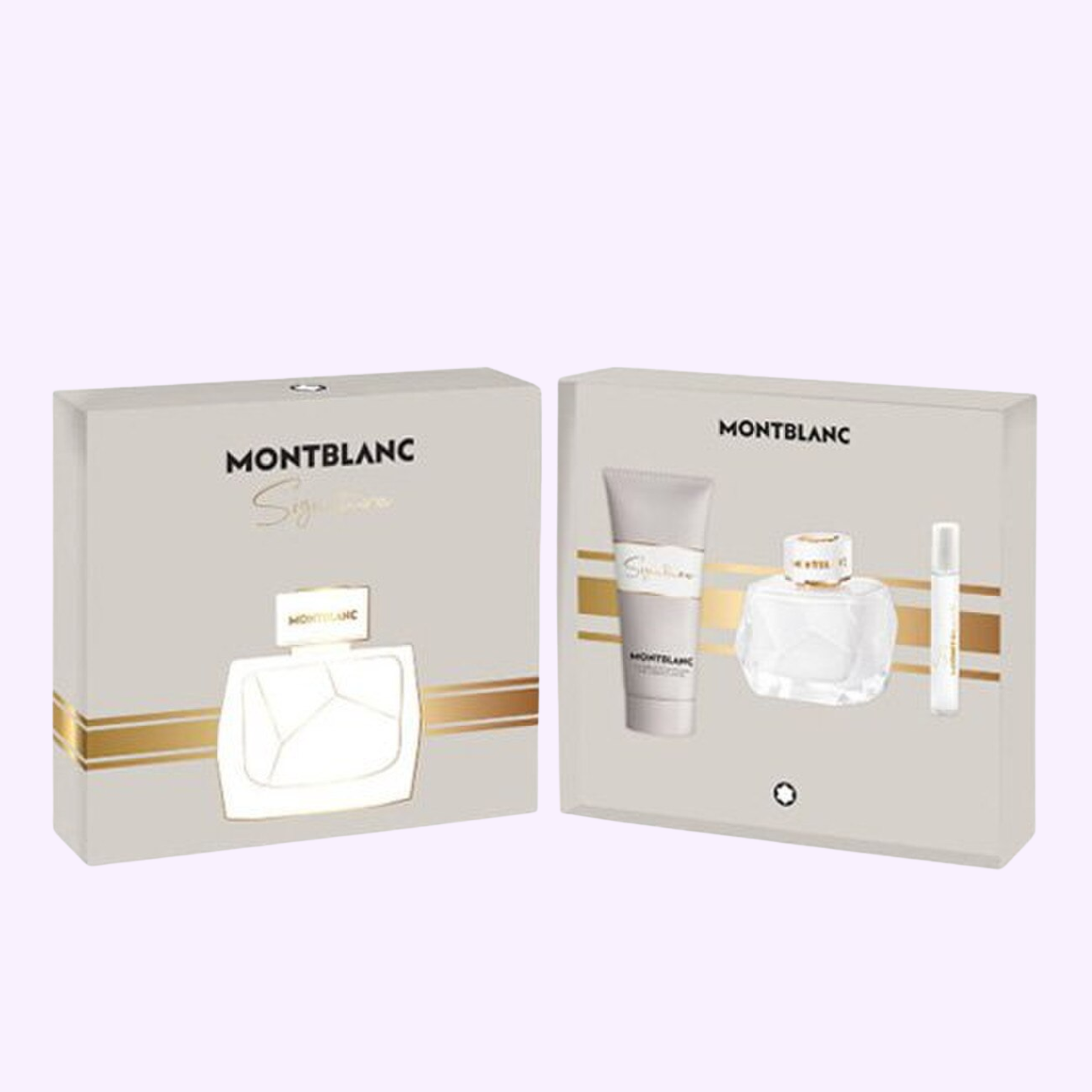 Two Mont Blanc Signature 3.0 EDP 3PC Women Sets by Mont Blanc Perfumes are shown: one with a perfume bottle, the other with a bottle, lotion, and travel spray—all in elegant white and gold oriental-floral packaging.