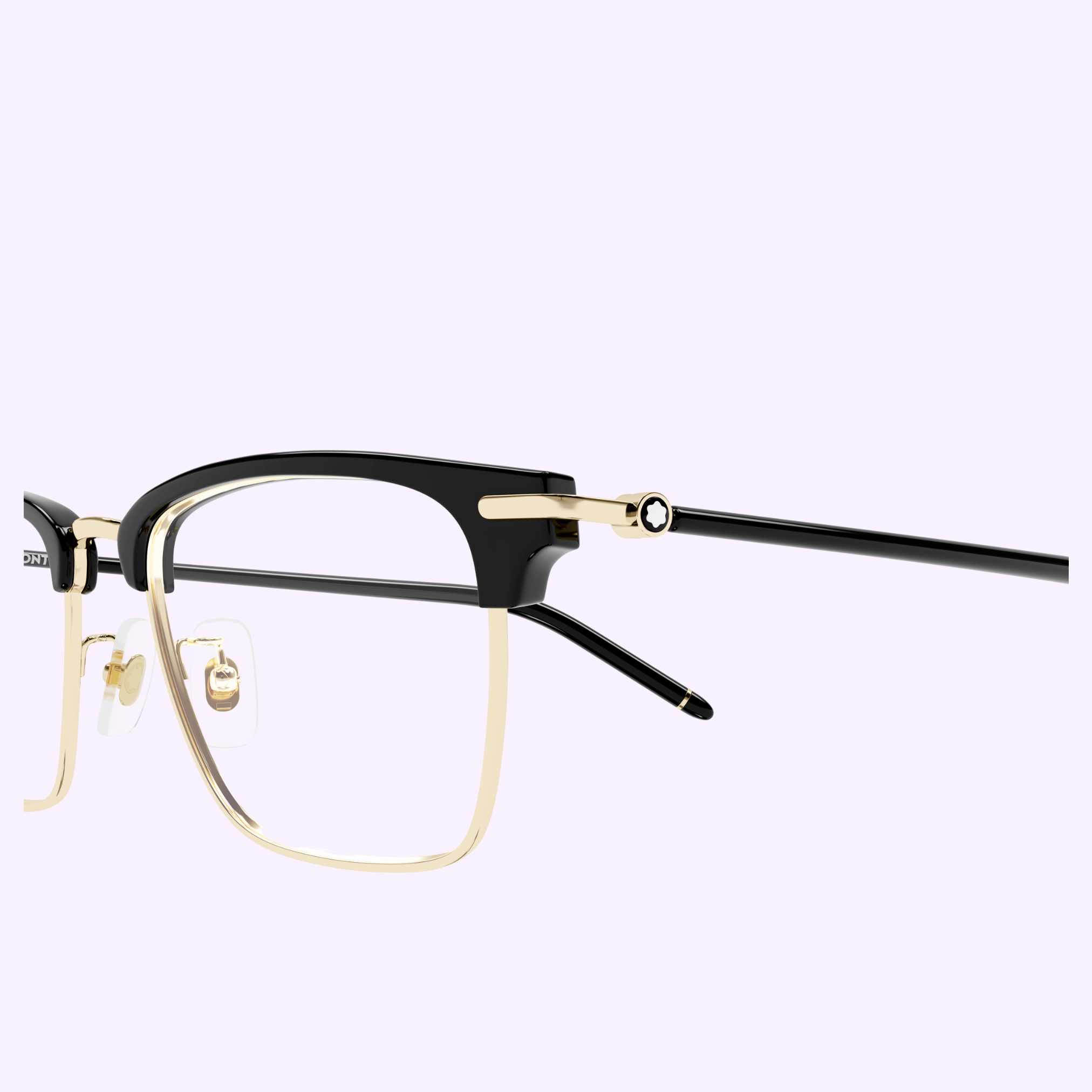 A close-up side view of the Montblanc Optical Frames MB0409O-002 52 by Montblanc Sunglasses, featuring a sleek black and gold frame, clear lenses, gold nose pads, and thin black arms, set against a light purple background.