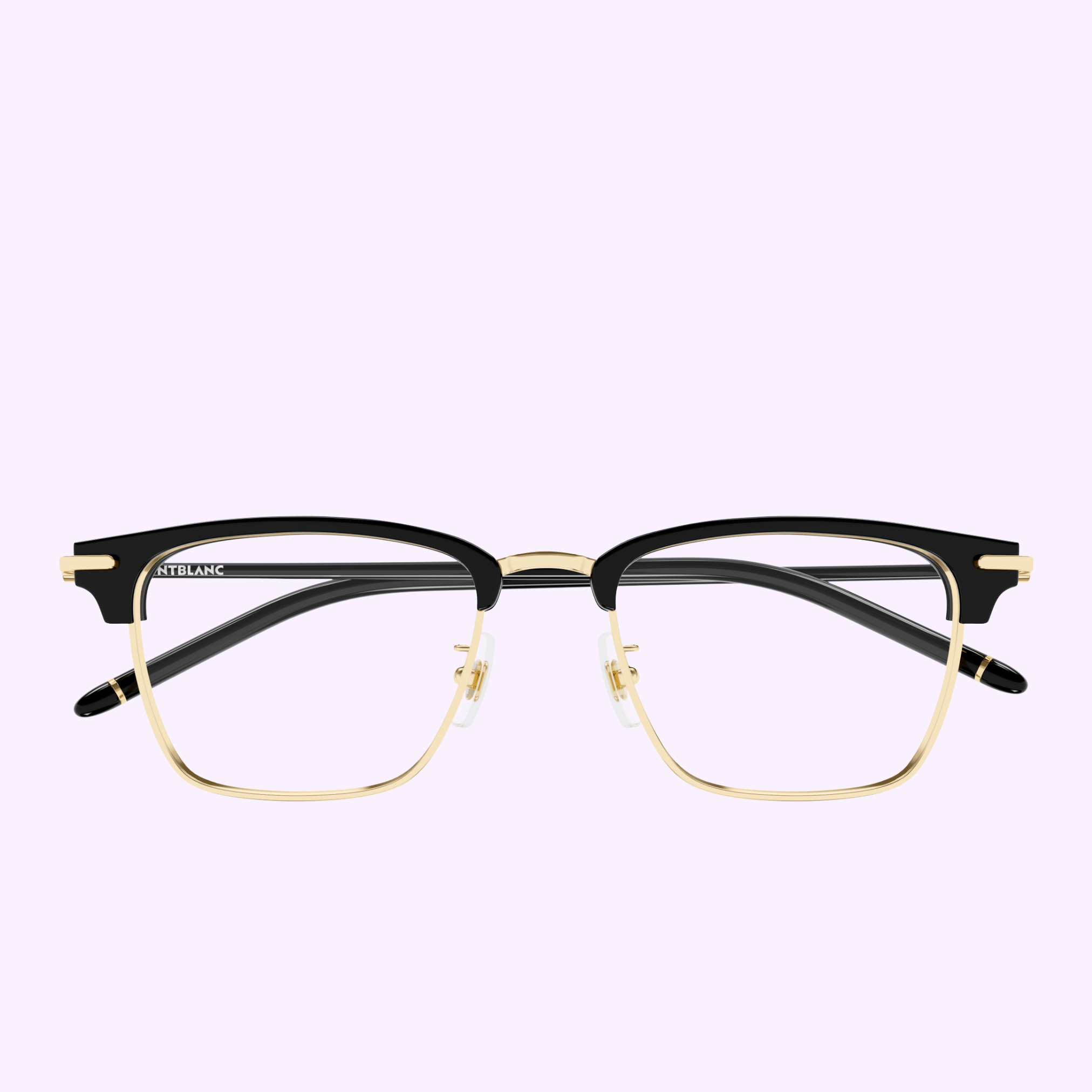 A pair of Montblanc Optical Frames MB0409O-002 52 from Montblanc Sunglasses, featuring black upper frames, gold lower rims, and a gold nose bridge in a sophisticated rimless design celebrating the Meisterstück Anniversary, displayed on a light purple background.